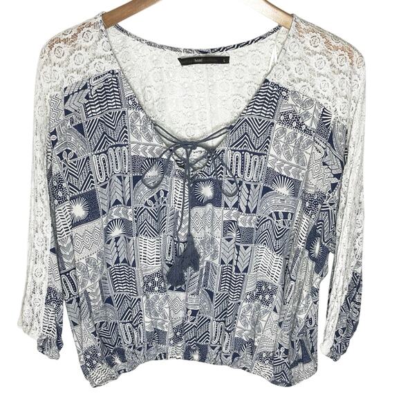 ANTHROPOLOGIE HAZEL Women’s Boho Blue and White Lace Trim Popover Top - Picture 1 of 3